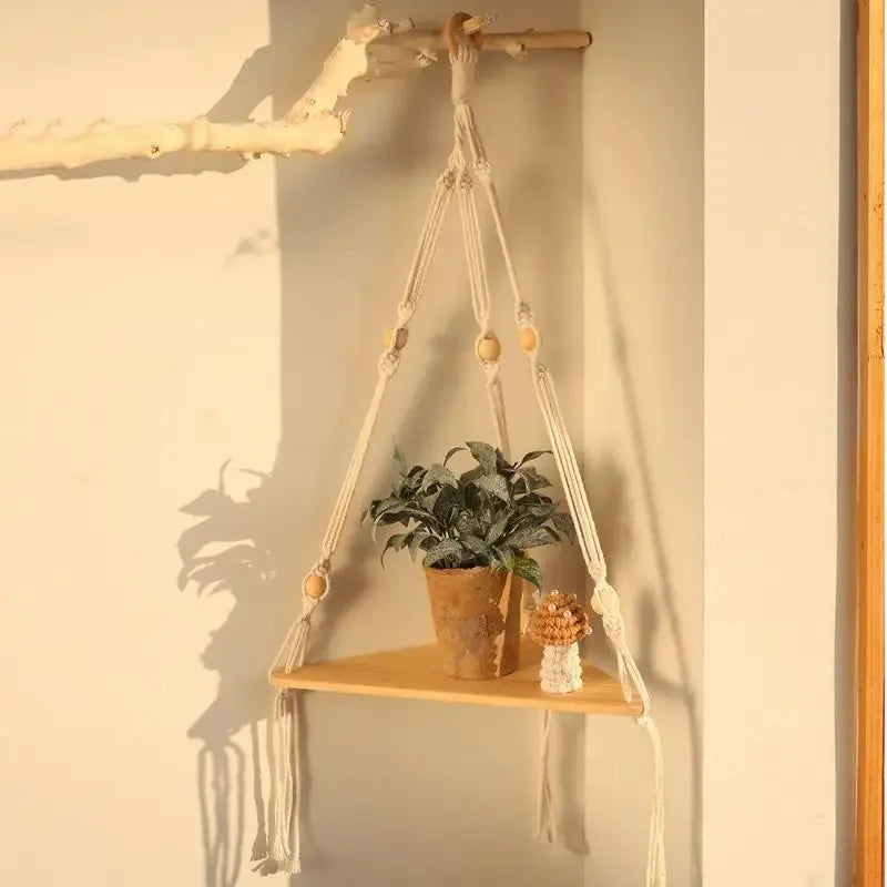 1 Set Wood Wall Shelf Macrame Swing Hanging Floating Display