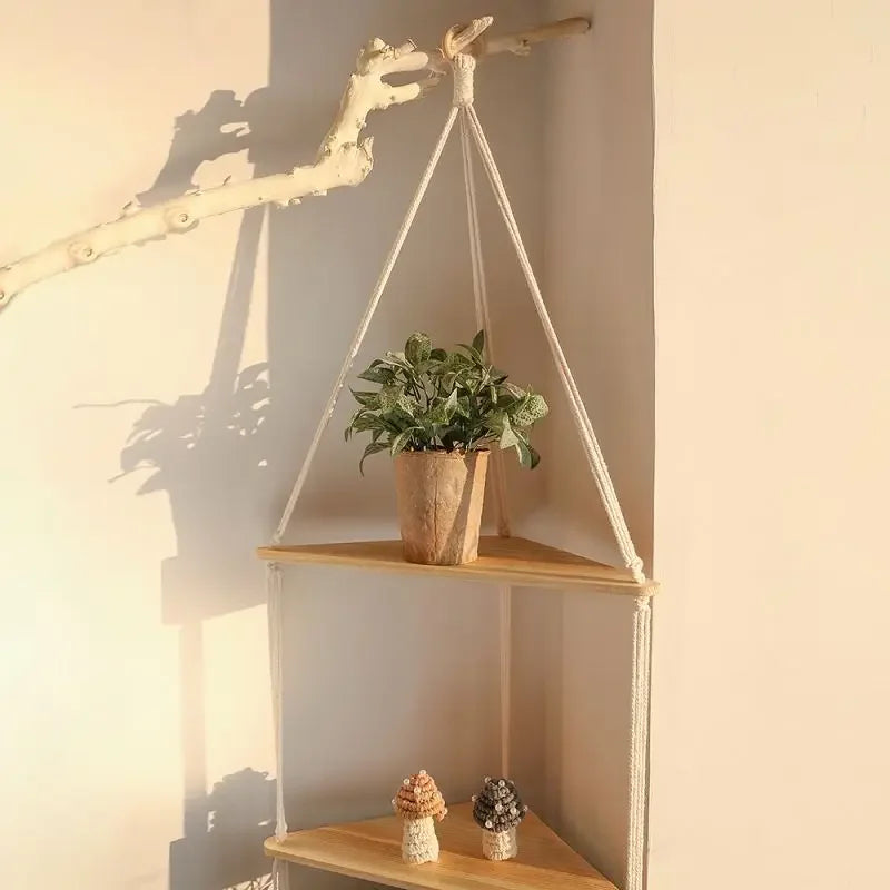 1 Set Wood Wall Shelf Macrame Swing Hanging Floating Display